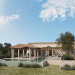 Modern single-story villa with a rectangular pool and stone planters under a blue sky.