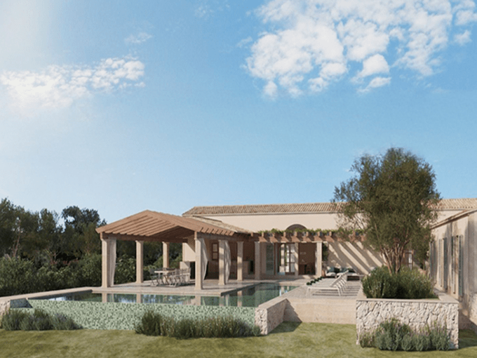 Modern single-story villa with a rectangular pool and stone planters under a blue sky.