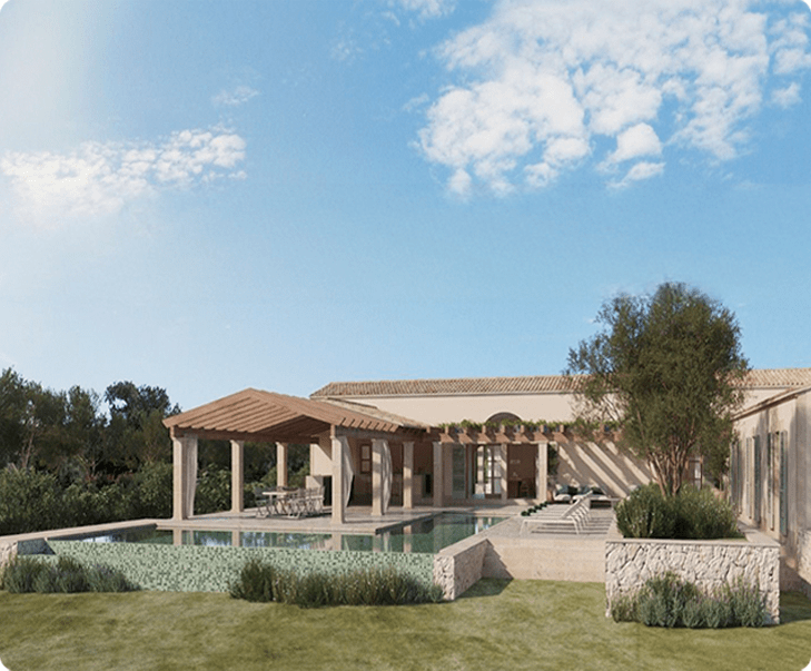 Modern single-story villa with a rectangular pool and stone planters under a blue sky.